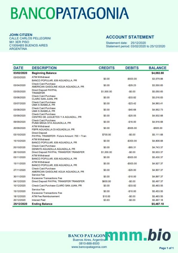 Argentina Banco Macro S. A. szablon wyciągu bankowego w Word i PDF